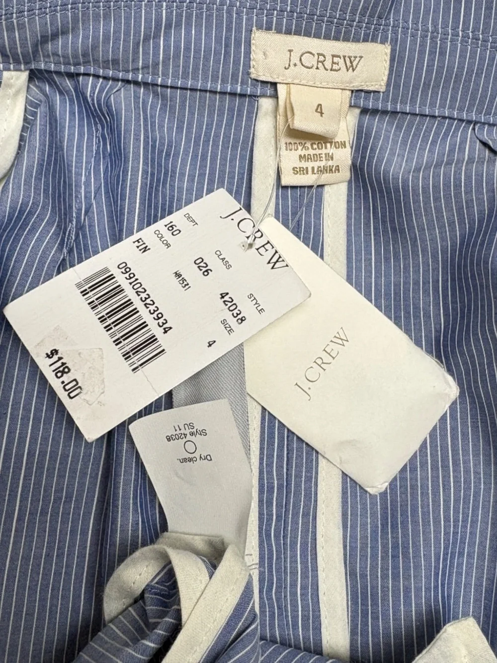 J. CREW 4 blue white stripe cotton NWT 2 button blazer pockets schoolboy fitted